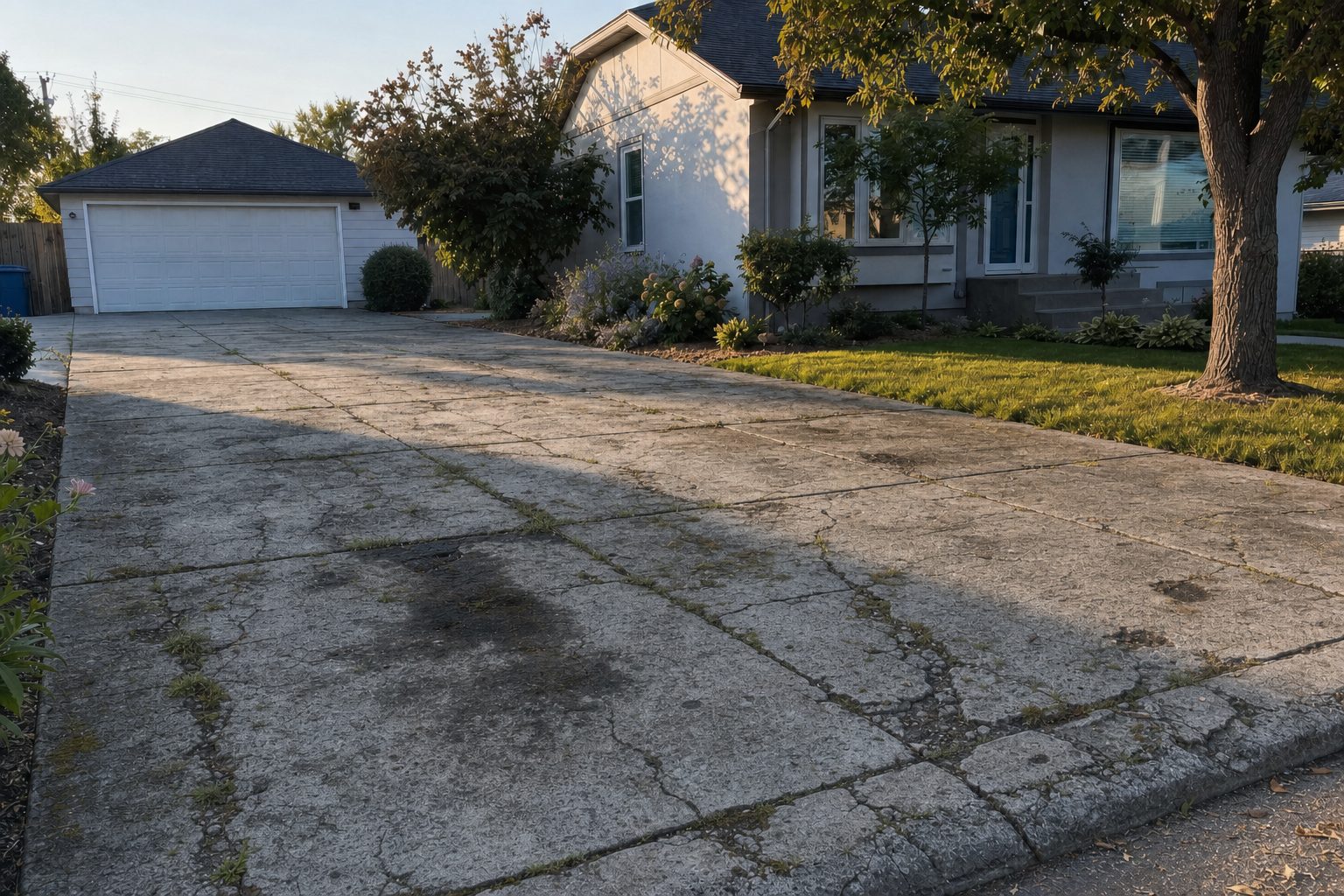 Old cracked and damaged concrete driveway